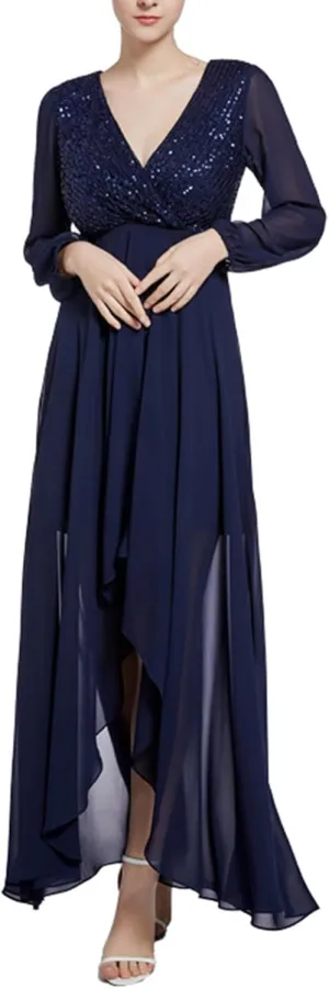 Women's Wedding Bridesmaid Sparkly Maxi Gown, Elegant Formal Long Sleeve V-Neck Chiffon Evening Dress Flowy Dresses