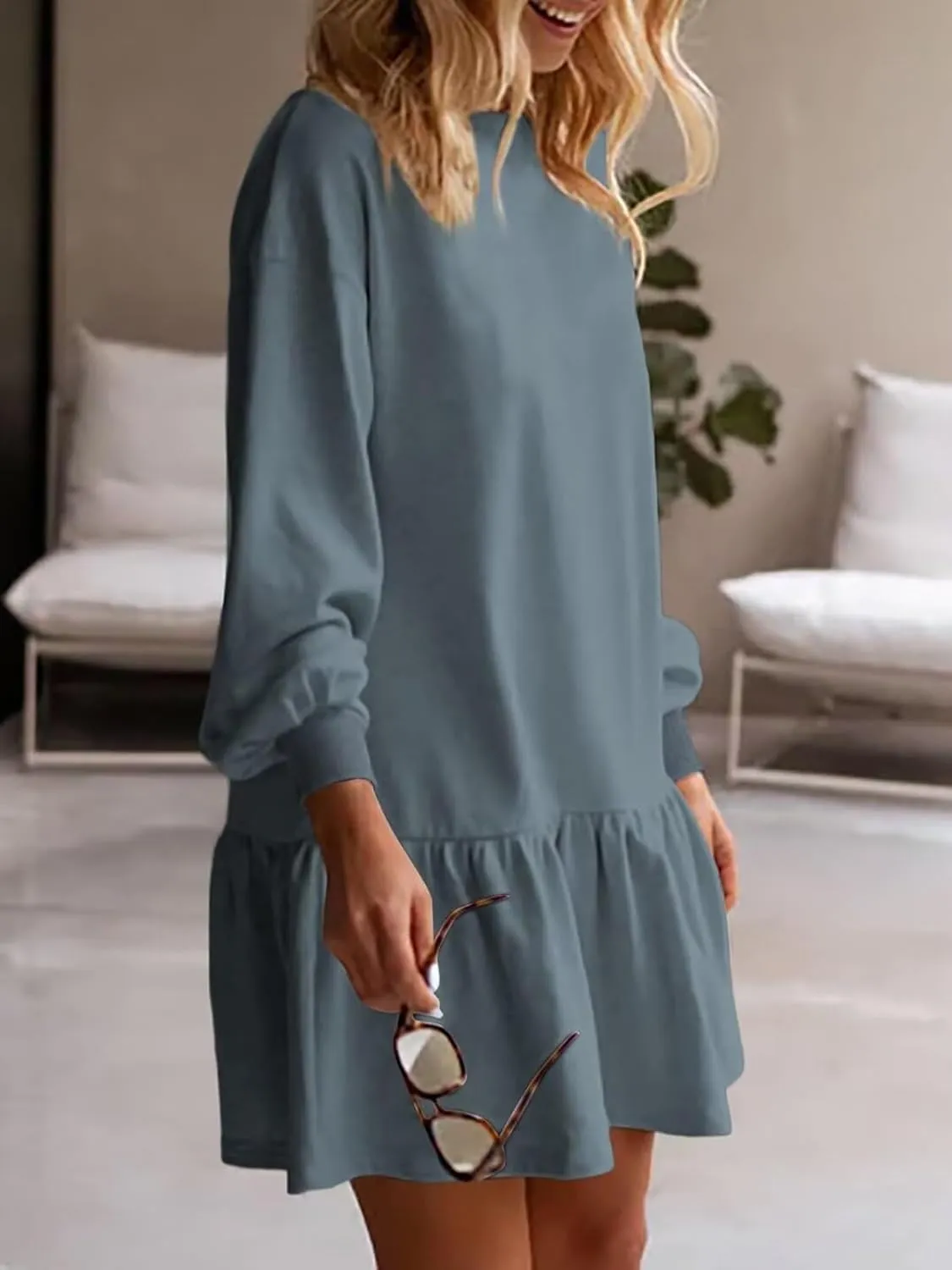 Wowcarbazole Womens Fall Long Sleeve Crewneck Oversized Sweatshirt Dress Casual Loose Fit Solid Color Cute Mini Dresses