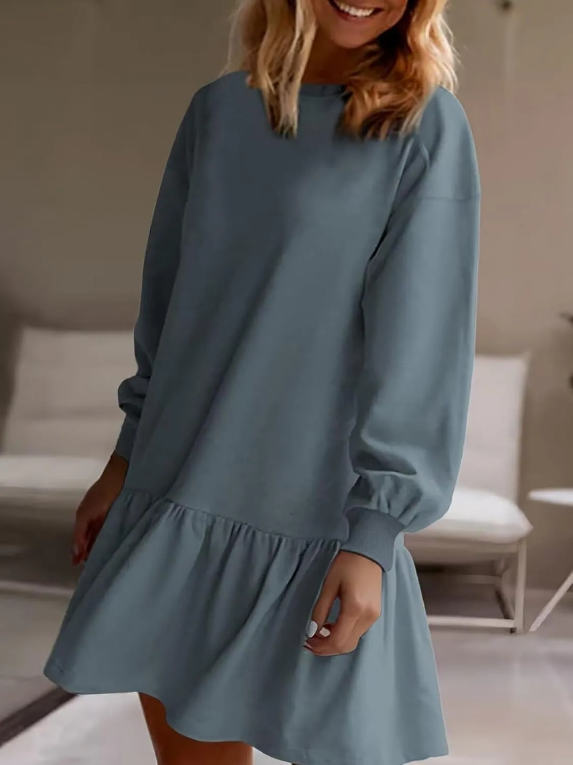 Wowcarbazole Womens Fall Long Sleeve Crewneck Oversized Sweatshirt Dress Casual Loose Fit Solid Color Cute Mini Dresses