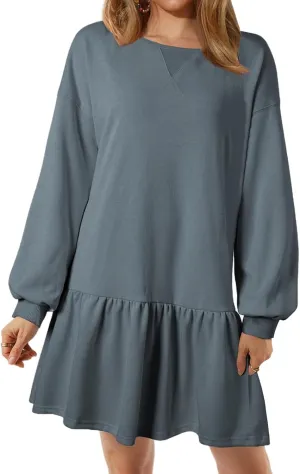 Wowcarbazole Womens Fall Long Sleeve Crewneck Oversized Sweatshirt Dress Casual Loose Fit Solid Color Cute Mini Dresses