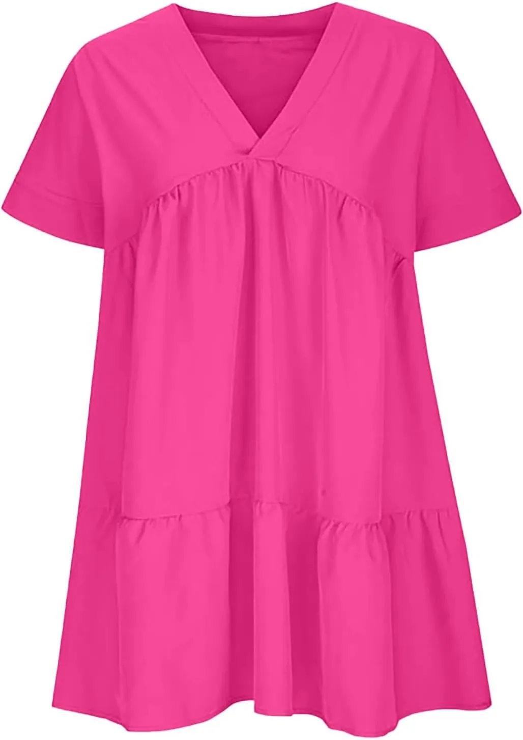XOWRTE Womens Summer Dress V Neck Short Sleeve Ruffle Hem Tiered Flowy Swing Midi Dresses 2025 Trendy Smock Beach Sundress