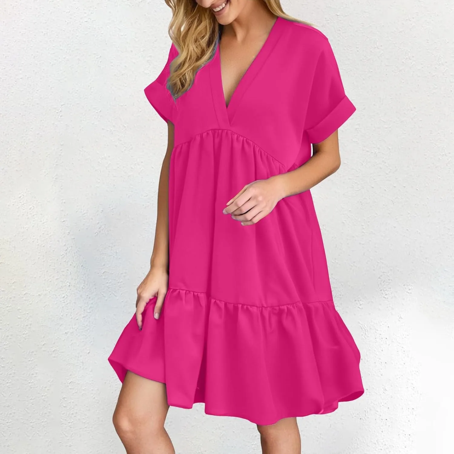 XOWRTE Womens Summer Dress V Neck Short Sleeve Ruffle Hem Tiered Flowy Swing Midi Dresses 2025 Trendy Smock Beach Sundress