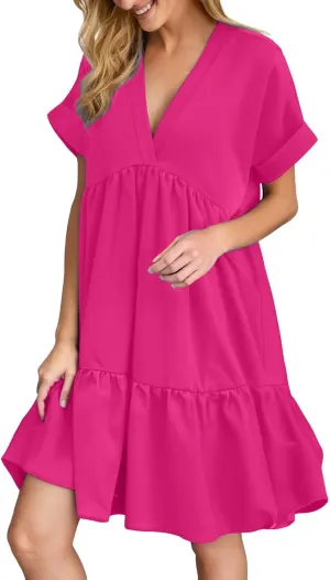 XOWRTE Womens Summer Dress V Neck Short Sleeve Ruffle Hem Tiered Flowy Swing Midi Dresses 2025 Trendy Smock Beach Sundress