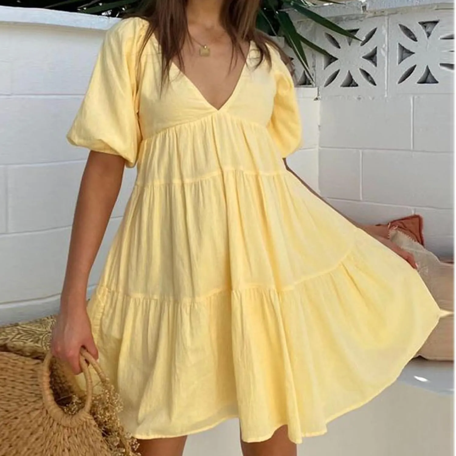 Y2k Women Puff Short Sleeve Mini Dress Ruffle Flowy Tiered Babydoll Short Dresses V Neck A Line Sundress Summer