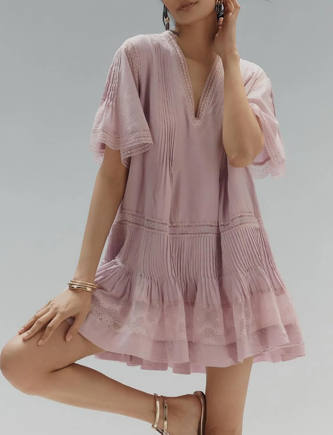 Y2k Women Puff Short Sleeve Mini Dress Ruffle Flowy Tiered Babydoll Short Dresses V Neck A Line Sundress Summer