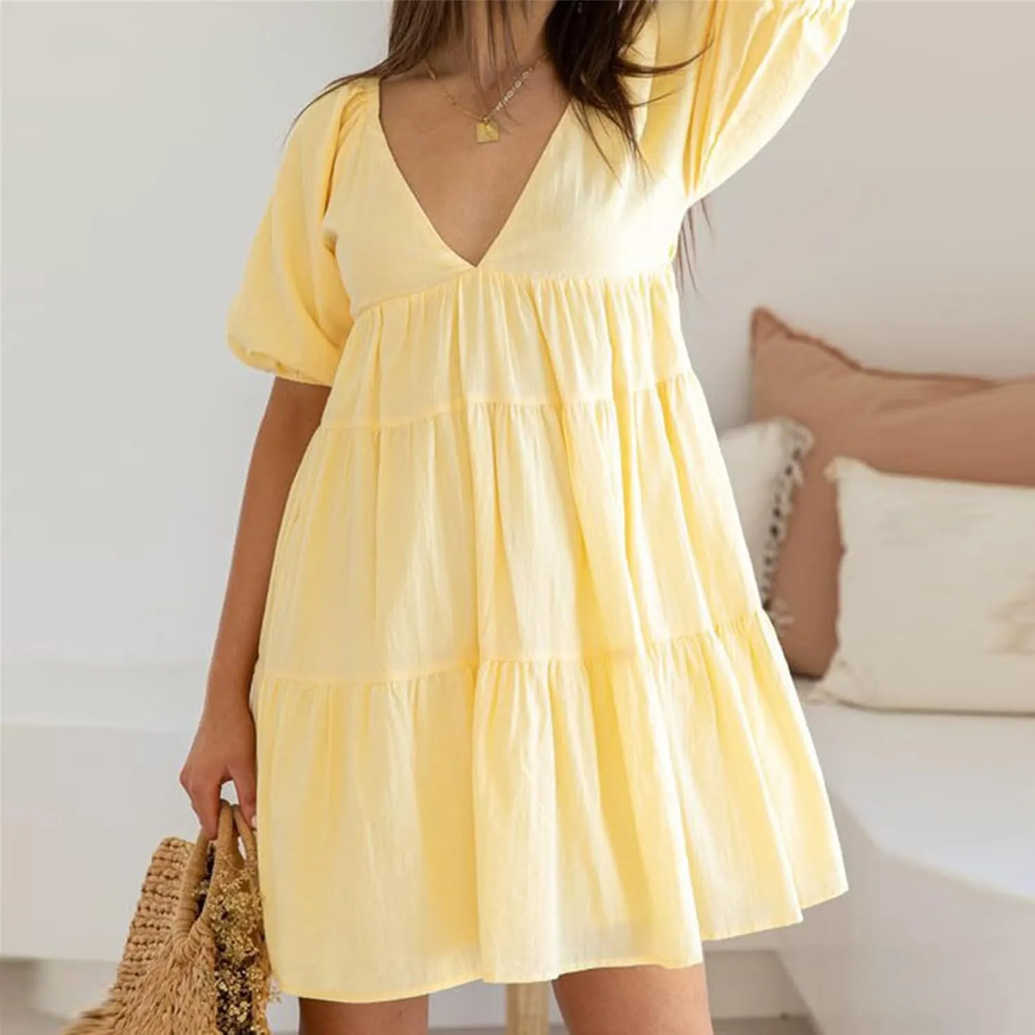 Y2k Women Puff Short Sleeve Mini Dress Ruffle Flowy Tiered Babydoll Short Dresses V Neck A Line Sundress Summer
