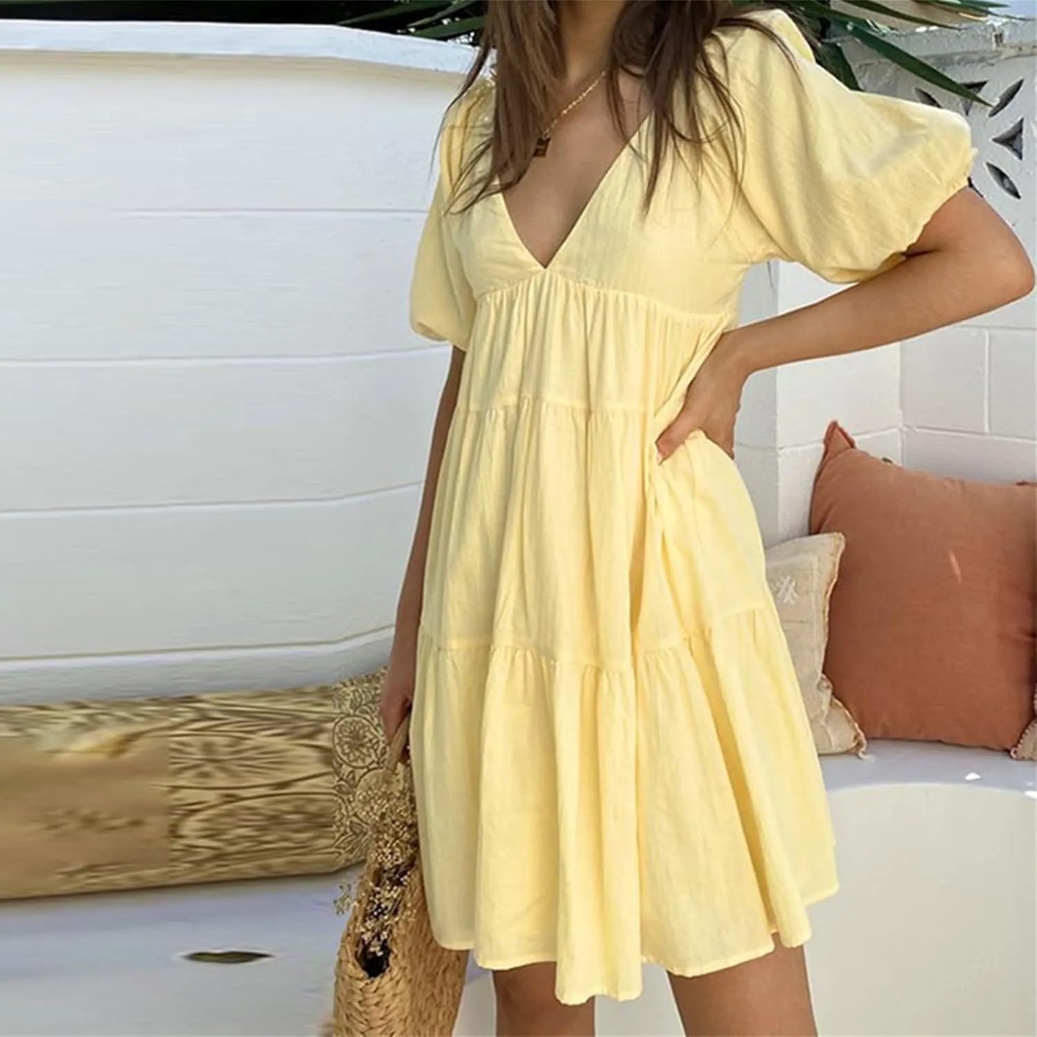 Y2k Women Puff Short Sleeve Mini Dress Ruffle Flowy Tiered Babydoll Short Dresses V Neck A Line Sundress Summer