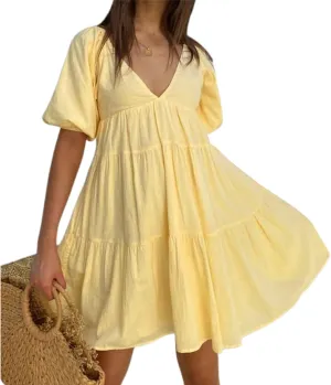 Y2k Women Puff Short Sleeve Mini Dress Ruffle Flowy Tiered Babydoll Short Dresses V Neck A Line Sundress Summer