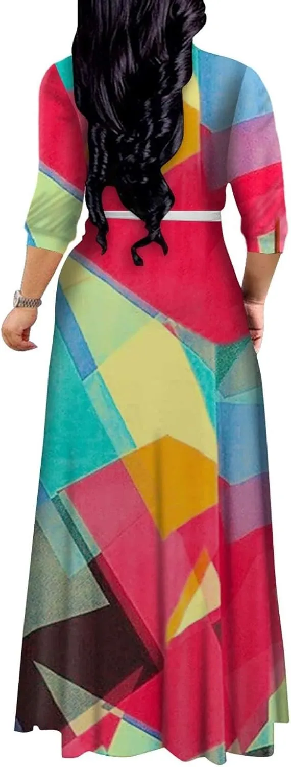 Yajedo Women's Maxi Dress Casual 2024 3/4 Sleeve Crewneck Wrap Floor Length Sundress Plus Size Maxi Dresses with Belt