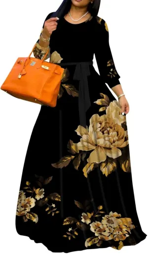 Yajedo Women's Maxi Dress Casual 2024 3/4 Sleeve Crewneck Wrap Floor Length Sundress Plus Size Maxi Dresses with Belt