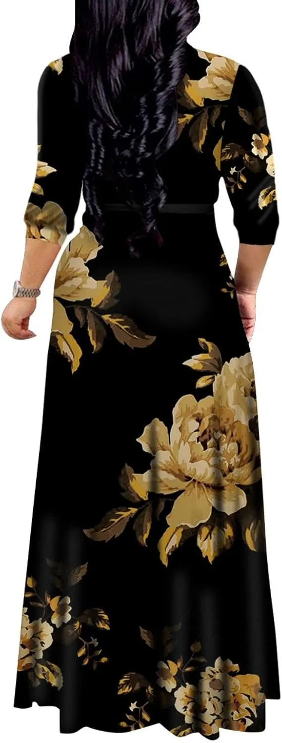 Yajedo Women's Maxi Dress Casual 2024 3/4 Sleeve Crewneck Wrap Floor Length Sundress Plus Size Maxi Dresses with Belt