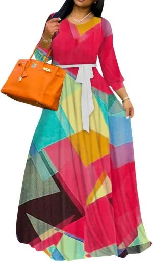 Yajedo Women's Maxi Dress Casual 2024 3/4 Sleeve Crewneck Wrap Floor Length Sundress Plus Size Maxi Dresses with Belt