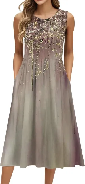 Yesunpxs Summer Dresses for Women Beach Tank Dresses Flowy Floral A-Line Sundresses Casual Sleeveless Mid Dress with Pockets