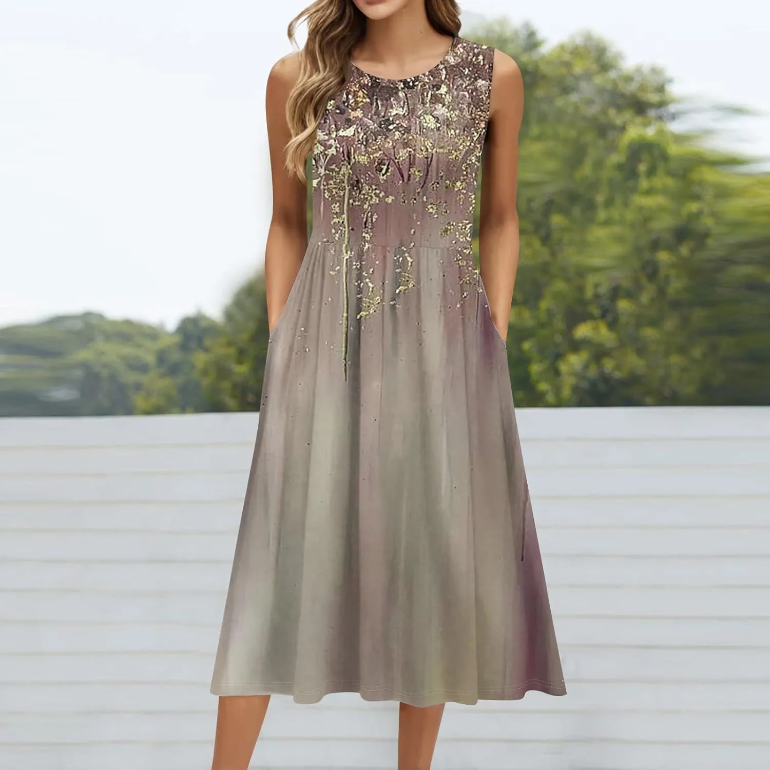 Yesunpxs Summer Dresses for Women Beach Tank Dresses Flowy Floral A-Line Sundresses Casual Sleeveless Mid Dress with Pockets