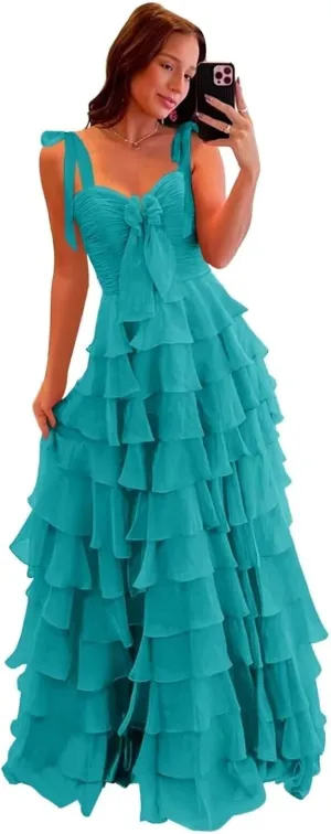 yinyyinhs Tiered Prom Dresses with Bow Long A-Line Chiffon Formal Evening Dress for Women Spaghetti Straps Slit Ball Gown