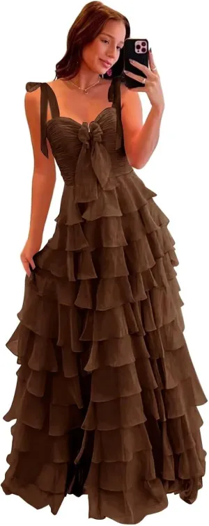 yinyyinhs Tiered Prom Dresses with Bow Long A-Line Chiffon Formal Evening Dress for Women Spaghetti Straps Slit Ball Gown