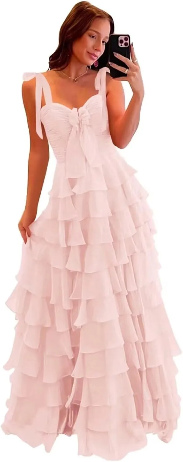 yinyyinhs Tiered Prom Dresses with Bow Long A-Line Chiffon Formal Evening Dress for Women Spaghetti Straps Slit Ball Gown