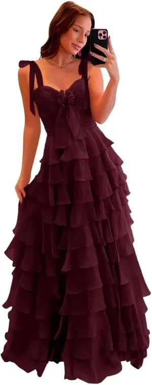 yinyyinhs Tiered Prom Dresses with Bow Long A-Line Chiffon Formal Evening Dress for Women Spaghetti Straps Slit Ball Gown
