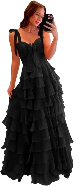 yinyyinhs Tiered Prom Dresses with Bow Long A-Line Chiffon Formal Evening Dress for Women Spaghetti Straps Slit Ball Gown
