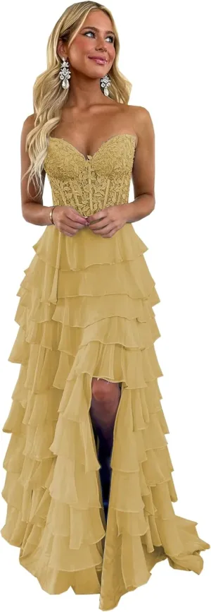 YMFFW Strapless Chiffon Long Prom Dress with Lace Corset Bodice and Ruffle Skirt A Line Evening Formal Party Dresses 2024