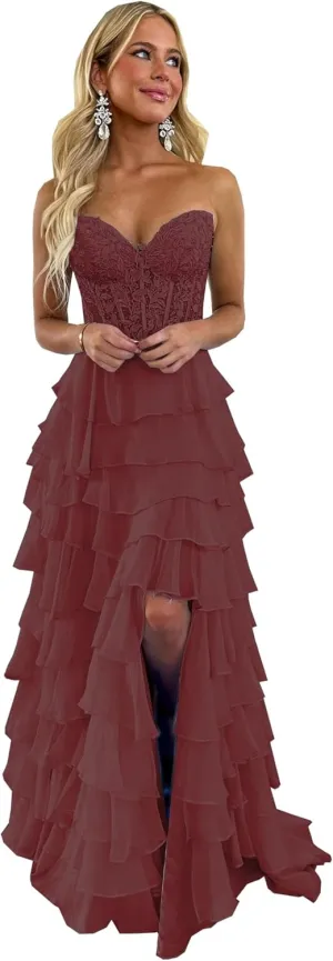YMFFW Strapless Chiffon Long Prom Dress with Lace Corset Bodice and Ruffle Skirt A Line Evening Formal Party Dresses 2024