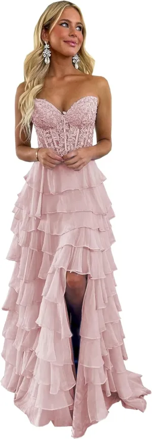 YMFFW Strapless Chiffon Long Prom Dress with Lace Corset Bodice and Ruffle Skirt A Line Evening Formal Party Dresses 2024