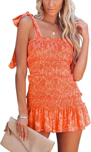 yoeasy Women Spaghetti Floral Print Tiered Tie Slim Fit Short Dresses Summer Sleeveless Ruffle Smocked Mini Dress