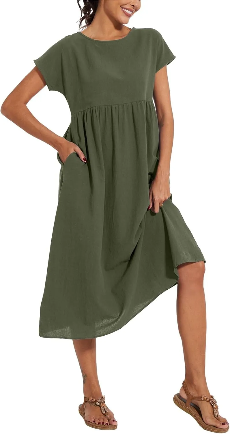 ZOCAVIA Cotton Dresses for Women 2025 Summer Short Sleeve Midi Dress Casual Loose Swing Beach Dress with Pockets