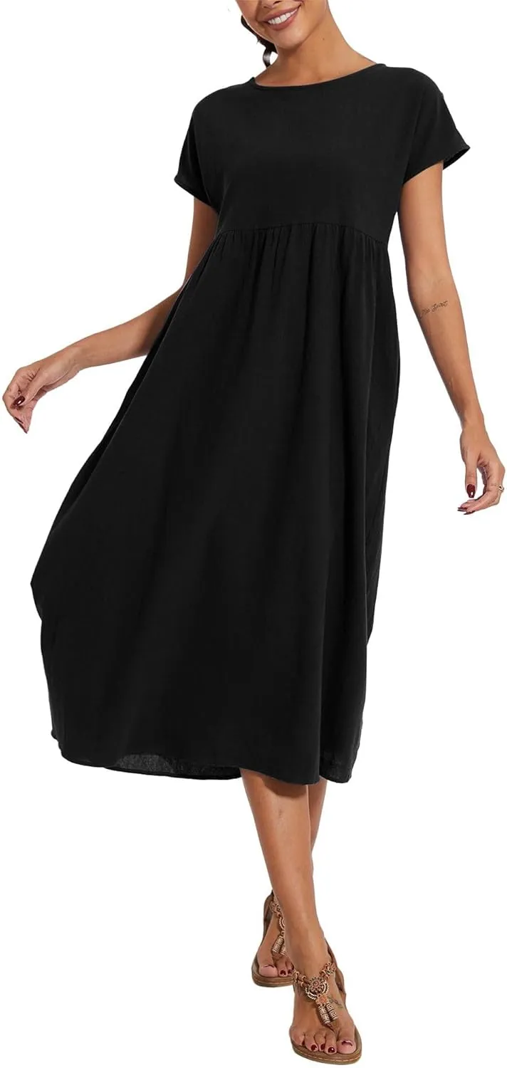 ZOCAVIA Cotton Dresses for Women 2025 Summer Short Sleeve Midi Dress Casual Loose Swing Beach Dress with Pockets