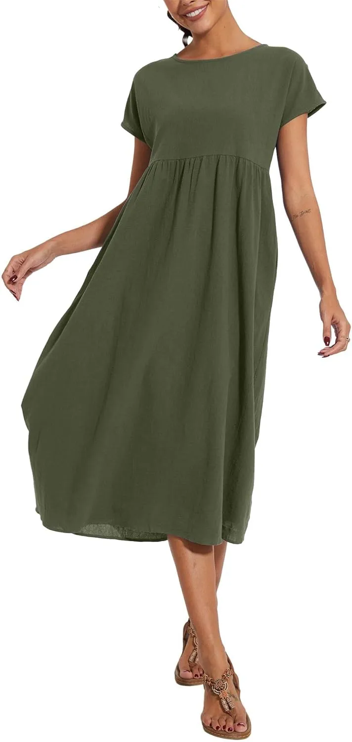 ZOCAVIA Cotton Dresses for Women 2025 Summer Short Sleeve Midi Dress Casual Loose Swing Beach Dress with Pockets
