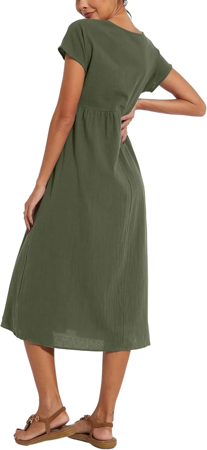 ZOCAVIA Cotton Dresses for Women 2025 Summer Short Sleeve Midi Dress Casual Loose Swing Beach Dress with Pockets