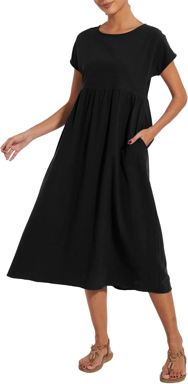 ZOCAVIA Cotton Dresses for Women 2025 Summer Short Sleeve Midi Dress Casual Loose Swing Beach Dress with Pockets
