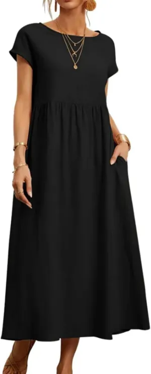 ZOCAVIA Cotton Dresses for Women 2025 Summer Short Sleeve Midi Dress Casual Loose Swing Beach Dress with Pockets