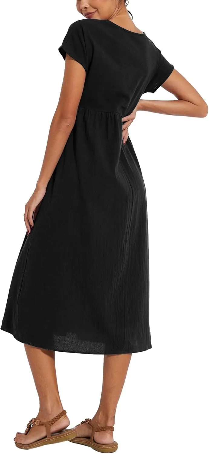ZOCAVIA Cotton Dresses for Women 2025 Summer Short Sleeve Midi Dress Casual Loose Swing Beach Dress with Pockets