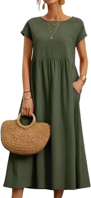 ZOCAVIA Cotton Dresses for Women 2025 Summer Short Sleeve Midi Dress Casual Loose Swing Beach Dress with Pockets