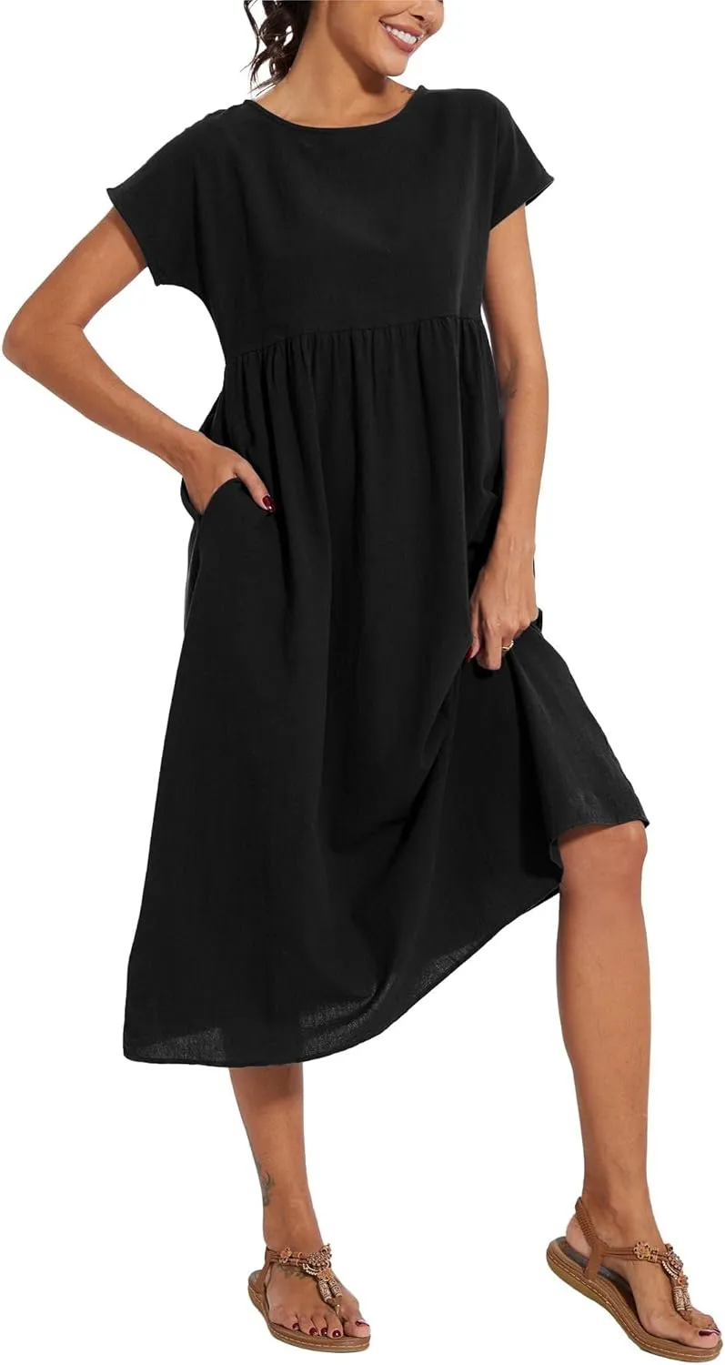 ZOCAVIA Cotton Dresses for Women 2025 Summer Short Sleeve Midi Dress Casual Loose Swing Beach Dress with Pockets