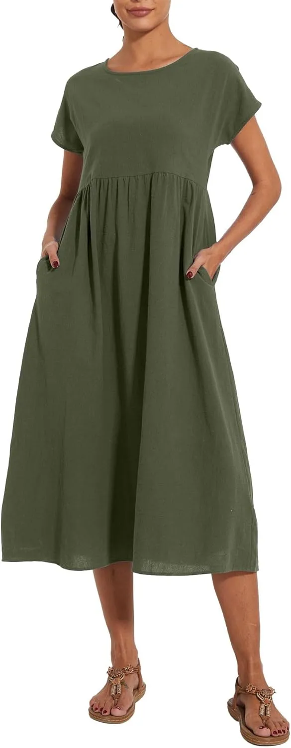 ZOCAVIA Cotton Dresses for Women 2025 Summer Short Sleeve Midi Dress Casual Loose Swing Beach Dress with Pockets