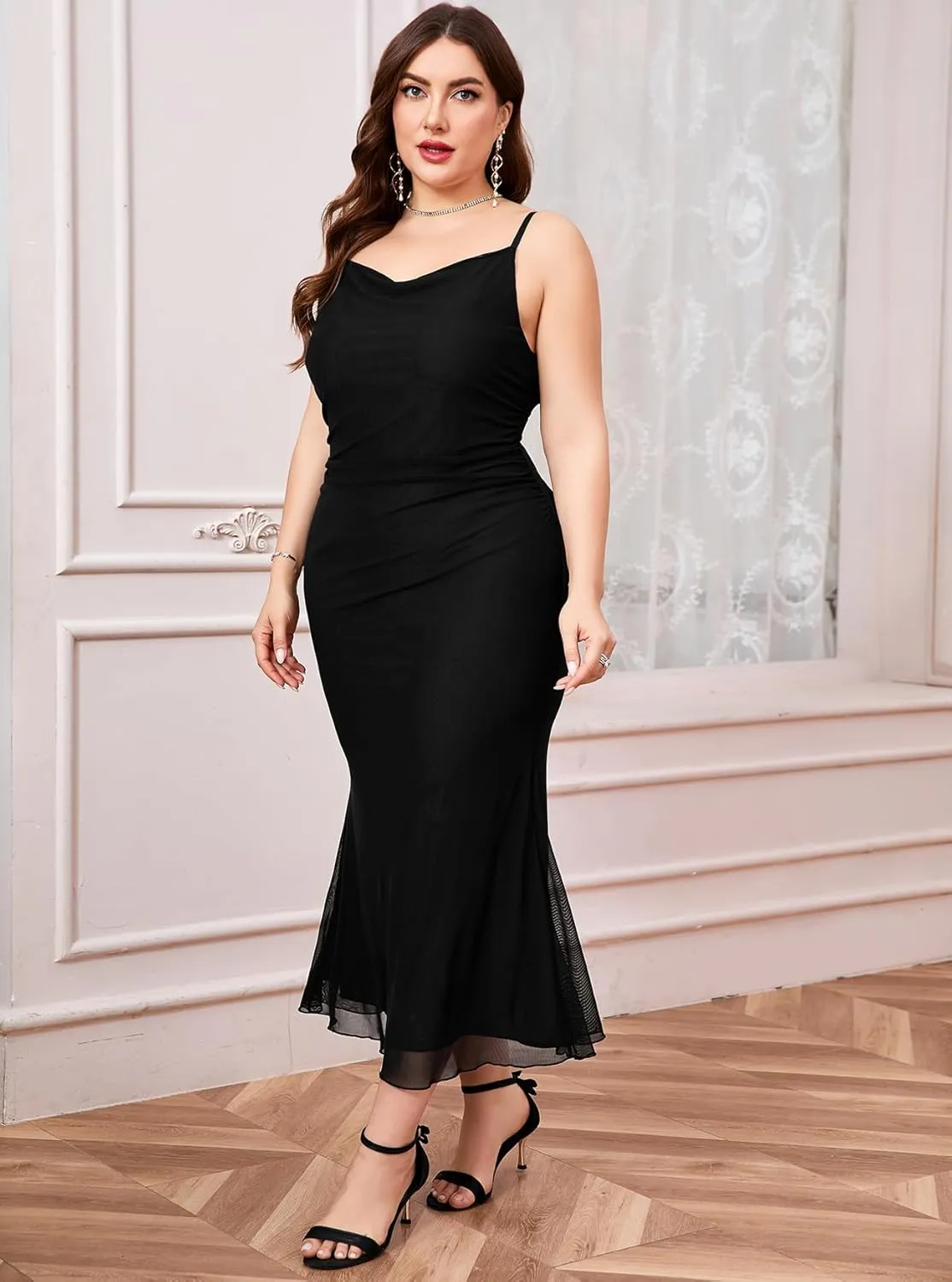 ZOMVA Plus Size Ruched Mesh Dress Mermaid Spaghetti Strap Bodycon Sleeveless Cami Dresses Cocktail Party Wedding Guest