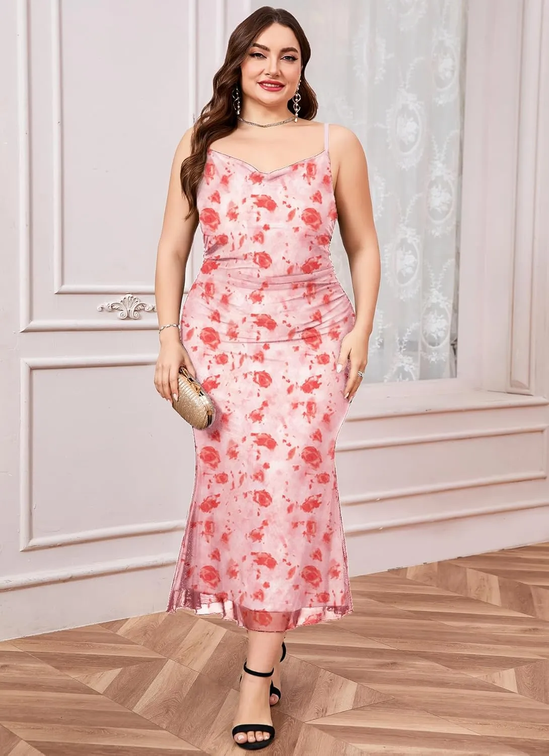 ZOMVA Plus Size Ruched Mesh Dress Mermaid Spaghetti Strap Bodycon Sleeveless Cami Dresses Cocktail Party Wedding Guest