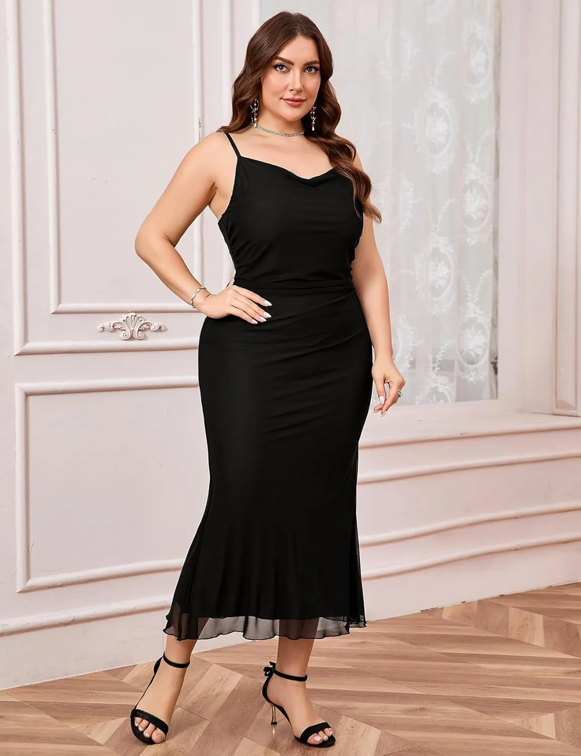ZOMVA Plus Size Ruched Mesh Dress Mermaid Spaghetti Strap Bodycon Sleeveless Cami Dresses Cocktail Party Wedding Guest