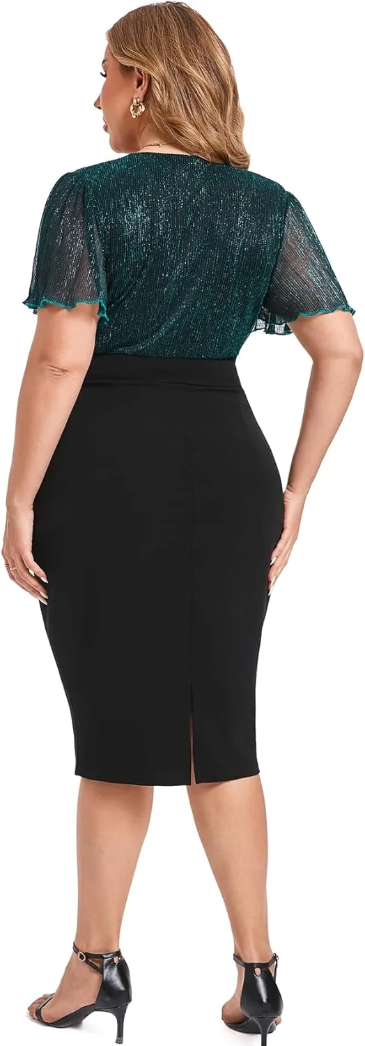 ZOMVA Plus Size Sparkly Bodycon Dress Ruffle Sleeve V Neck Wrap Midi Dresses Wedding Guest Business Work Cocktail Party