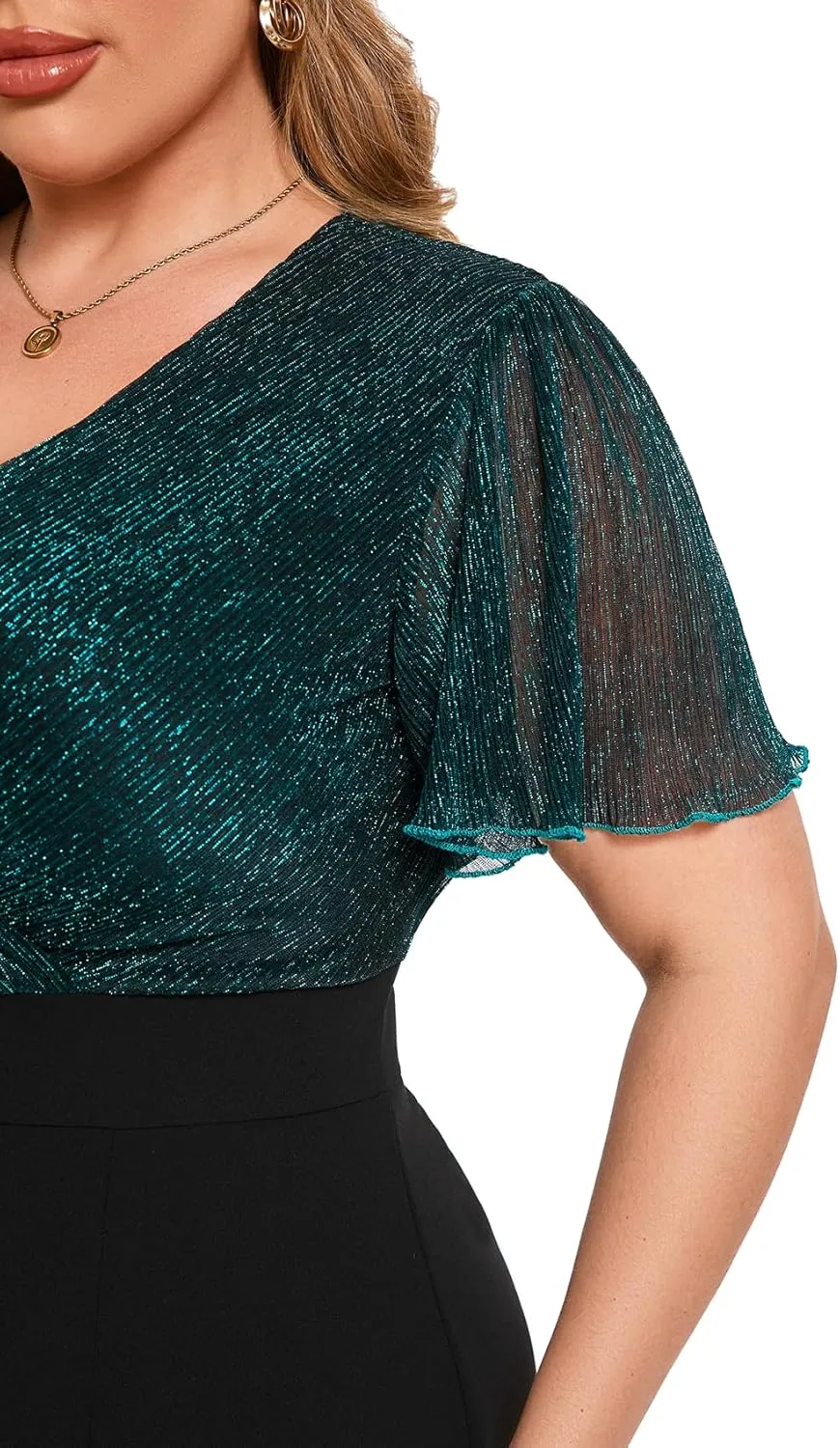 ZOMVA Plus Size Sparkly Bodycon Dress Ruffle Sleeve V Neck Wrap Midi Dresses Wedding Guest Business Work Cocktail Party